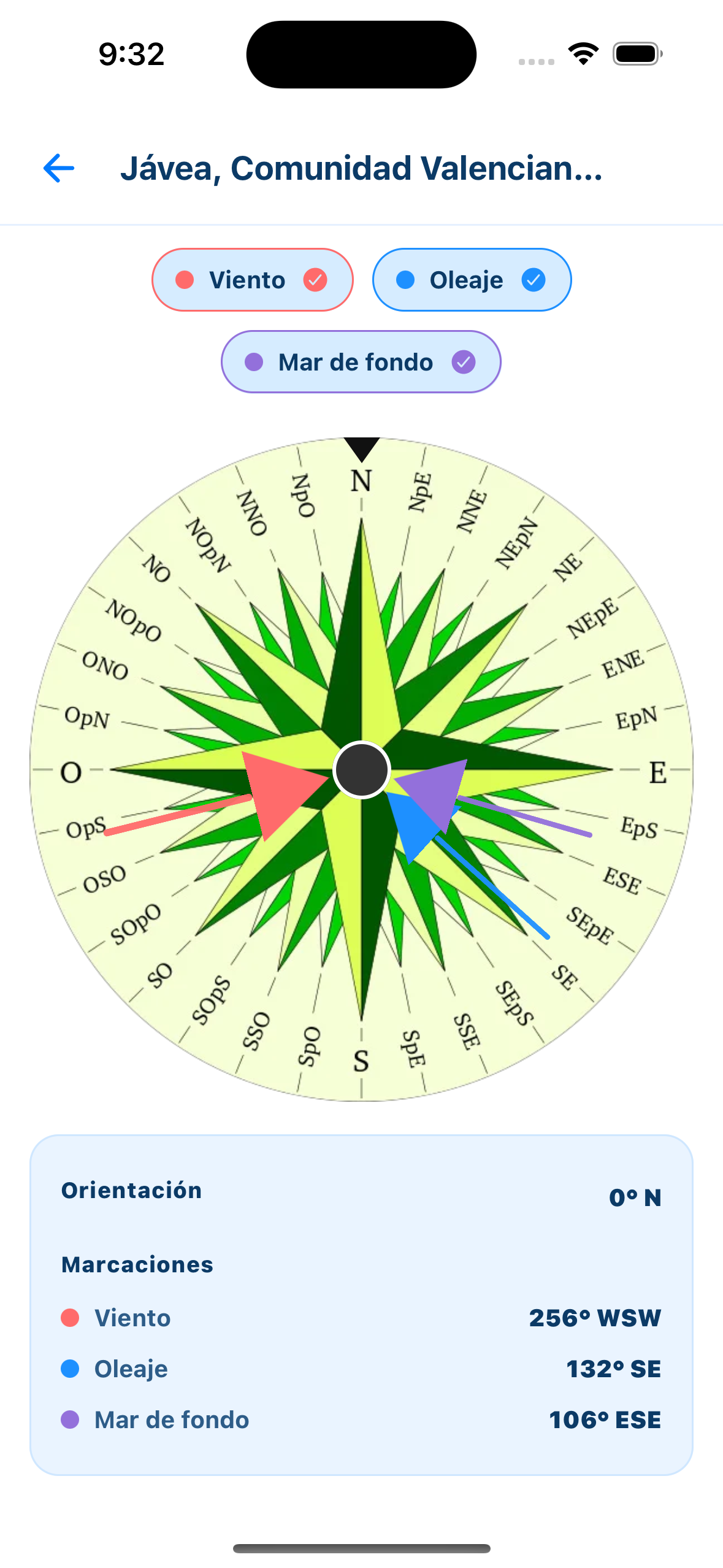 NavIA - brújula y orientación (viento, oleaje y mar de fondo)
