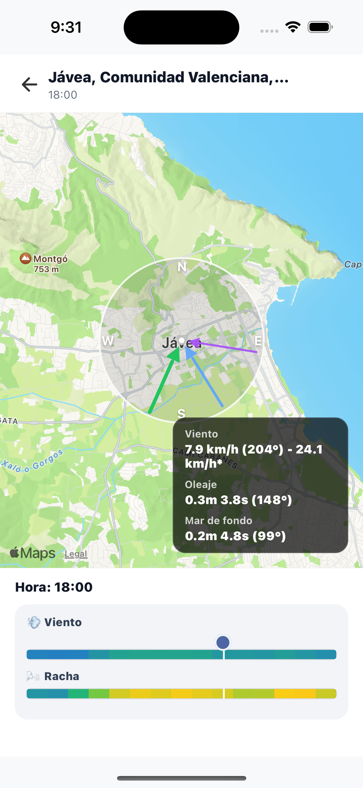 NavIA - mapa con viento, oleaje y mar de fondo